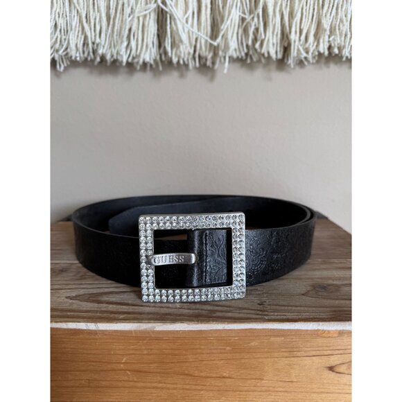 Guess Vintage Black Tooled Leather Oversized Square Silver Rhinestone Belt XL - Picture 5 of 11